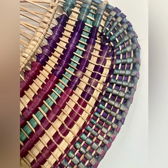 Hand Crafted Woven Palm Bamboo Fan Bohemian Boho Purple Green Natural Materials - Picture 3 of 6